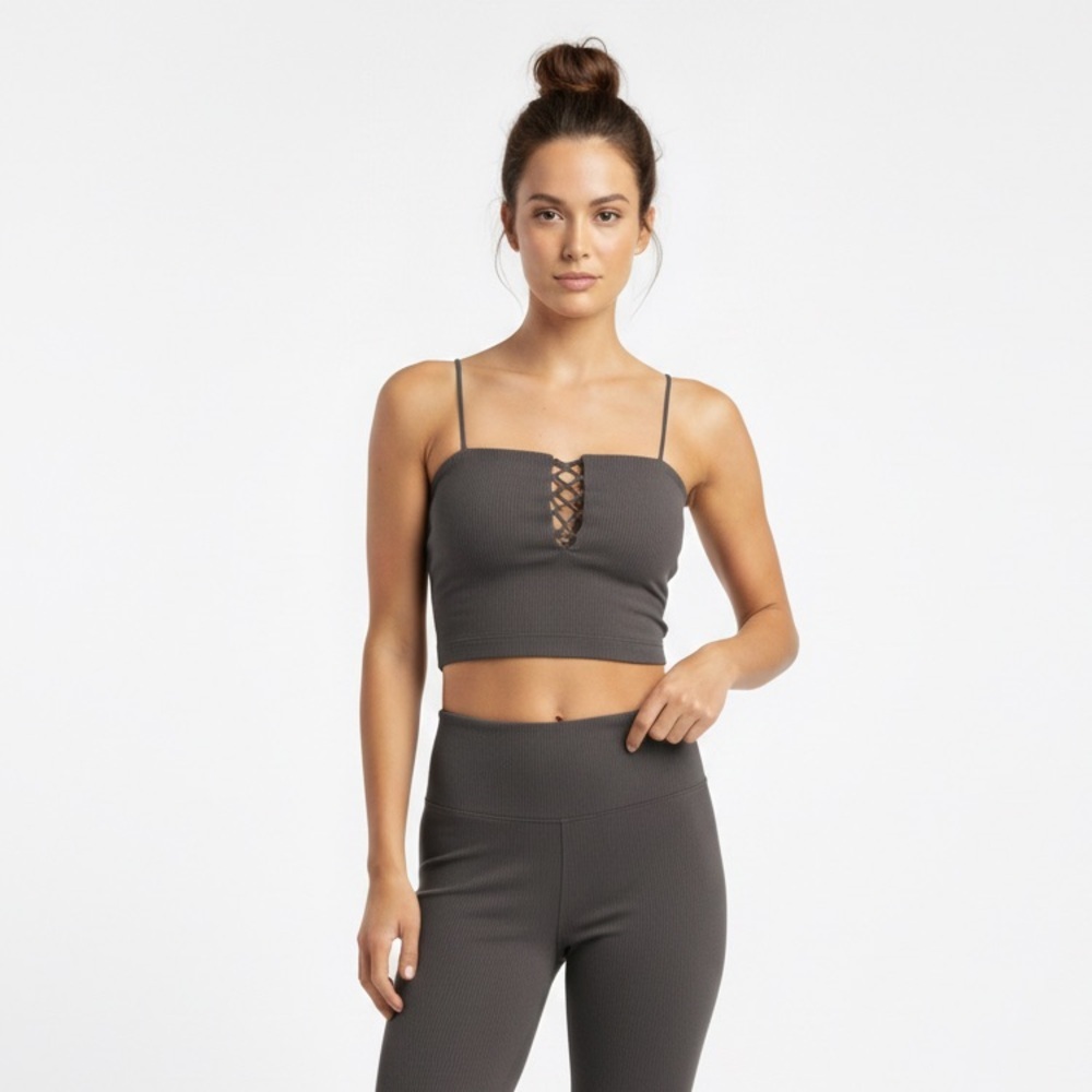 Free People Movement Lace-Up Crop Tank Brami grey Ribbed Active Top Size S